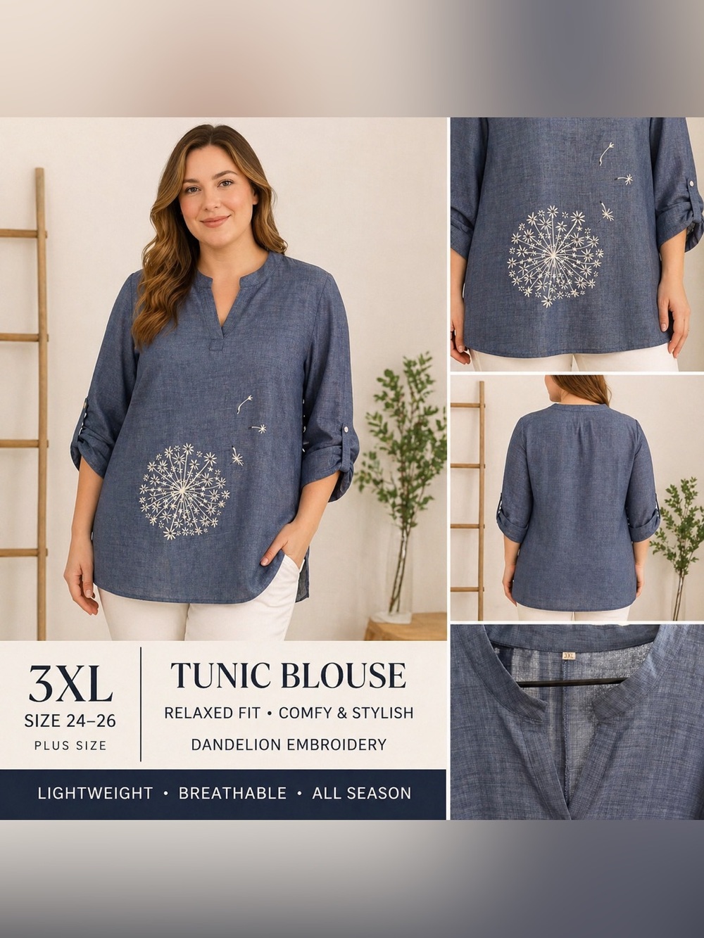 3XL Blue Linen Look Tunic Blouse Dandelion Print Relaxed Fit - Picture 2 of 3